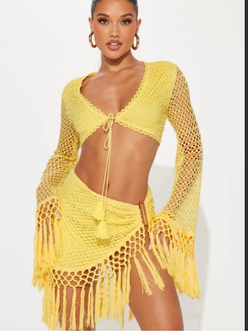 Fashion Nova Bright Yellow Crochet Fringe Two-Piece Cover-Up
